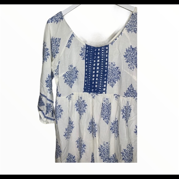 ENTRO Anthropologie Boho Lace Dress With Flowy 3/4 Sleeves Ivory/Blue Sz Medium - Picture 3 of 10